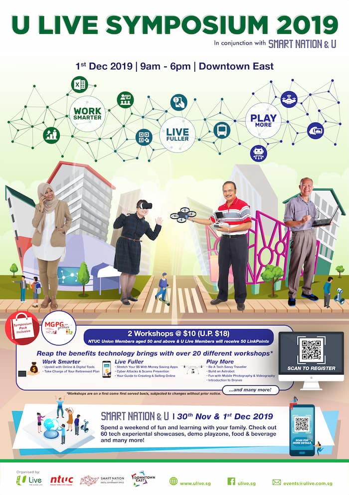 OSF Funded Project: Poster of the U Live Symposium 2019, featuring popular tech workshops for active agers