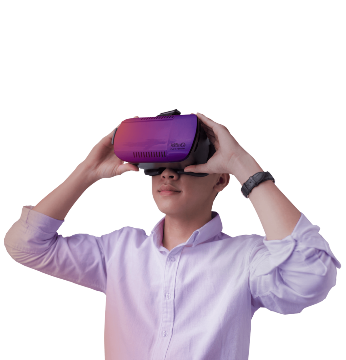 A business man wearing VR headset