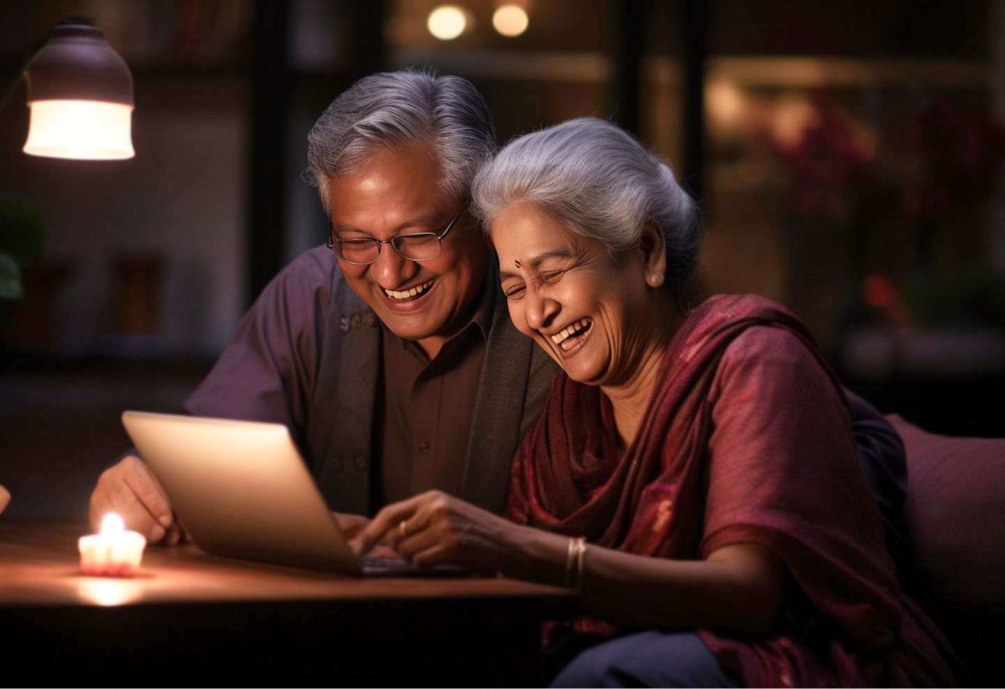 Elderly indian couple smiling widely while looking at a screen of a laptop