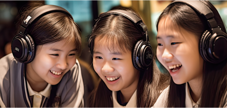 Three female students wearing headphones are smiling brightly.