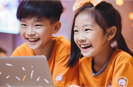 A boy and a girl sharing a laptop and smiling brightly.