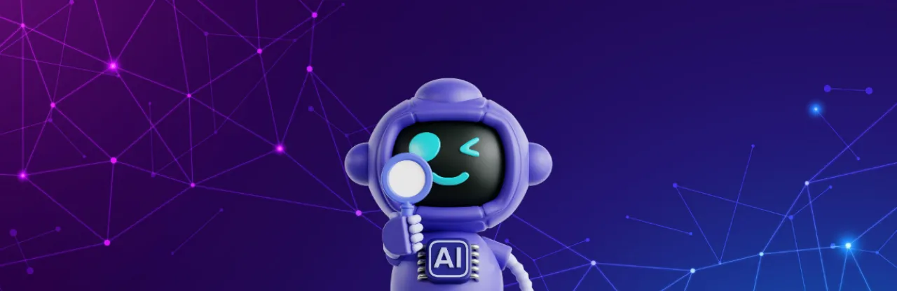 A small robot with 'AI' text on its body holding a magnifying glass