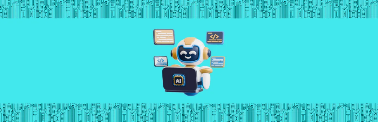 A friendly humanoid robot sitting at a desk with a laptop displaying 'AI' on it