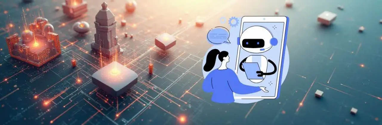 A robot with a chat bubble and a person