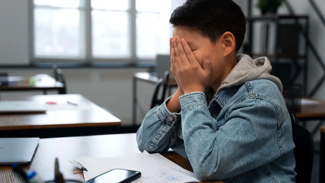 A young boy covering his face with his hands, appearing upset and withdrawn