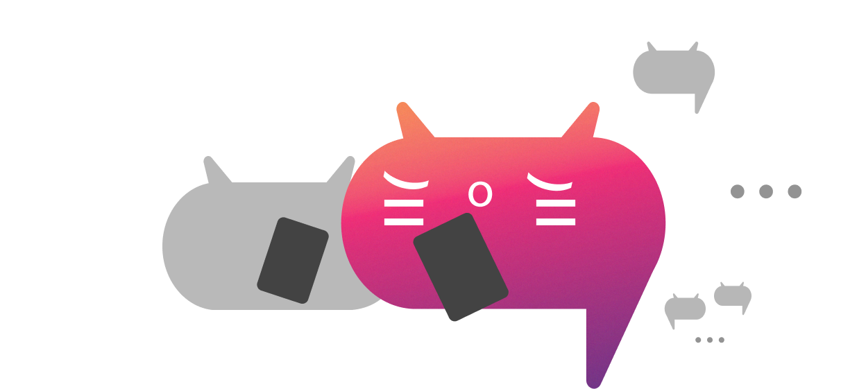 Two Bitty holding phone, with chat bubbles on the right