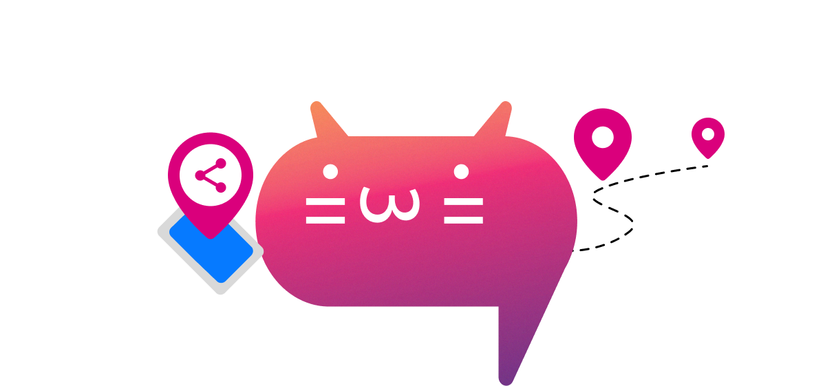 Bitty with a phone and location icons behind it