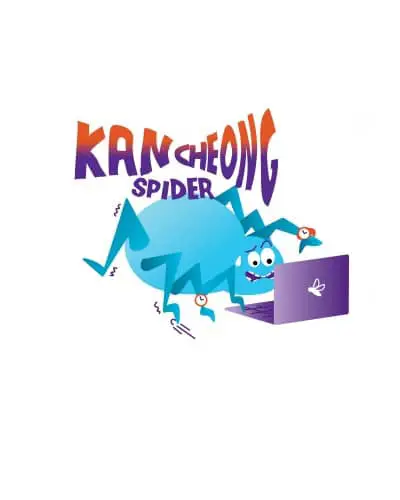 An anxious spider with wide, curious eyes frantically taps on a laptop, racing against time with a ticking watch nearby.