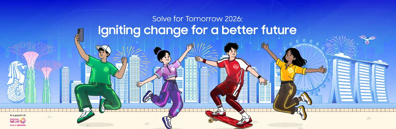 Four youths standing in front of  Singapore's cityscape featuring the Singapore Flyer and fireworks, with text that reads 'Solve for Tomorrow 2026 - Igniting change for a better future'.