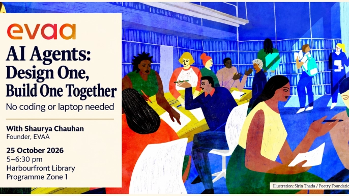 Poster for an AI agents workshop, with an illustration of people learning and working together in the background.