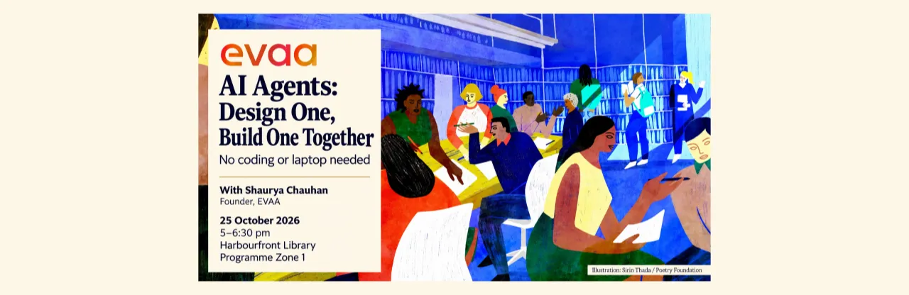 Poster for an AI agents workshop, with an illustration of people learning and working together in the background.