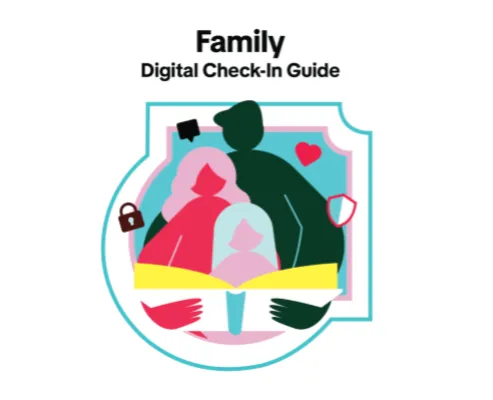 Illustration of a family reading together, surrounded by icons representing online communication, privacy, safety, and care.